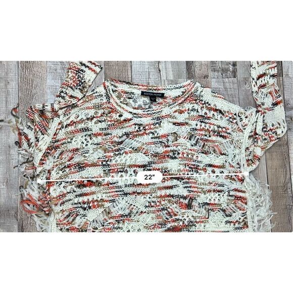 Boston Proper Open Weave Sweater Nylon Fringe Long Sleeves Cream Multi Sz XS - Picture 6 of 9